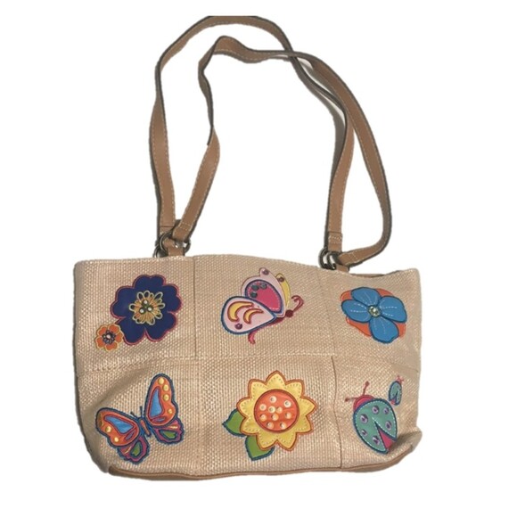 Rosetti purse beige rattan woven flowers butterfly ladybug block top straps tote - Picture 1 of 7